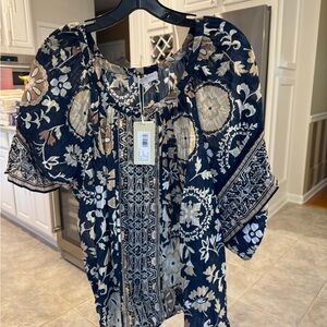Ramy Brook Navy and Beige Floral Top